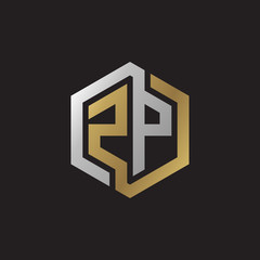Initial letter ZP, looping line, hexagon shape logo, silver gold color on black background