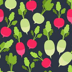 Colorful seamless pattern with healthy vegetable on dark background. Radish flat Illustration.