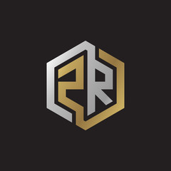 Initial letter ZR, looping line, hexagon shape logo, silver gold color on black background