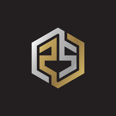 Initial letter ZS, looping line, hexagon shape logo, silver gold color on black background