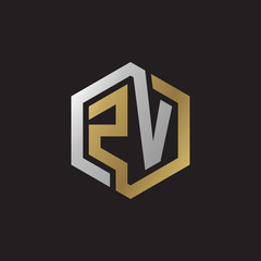 Initial letter ZV, looping line, hexagon shape logo, silver gold color on black background