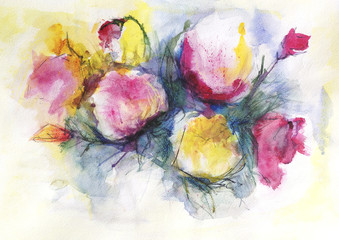 Bouquets of flowers a light background. Hands painted with watercolors