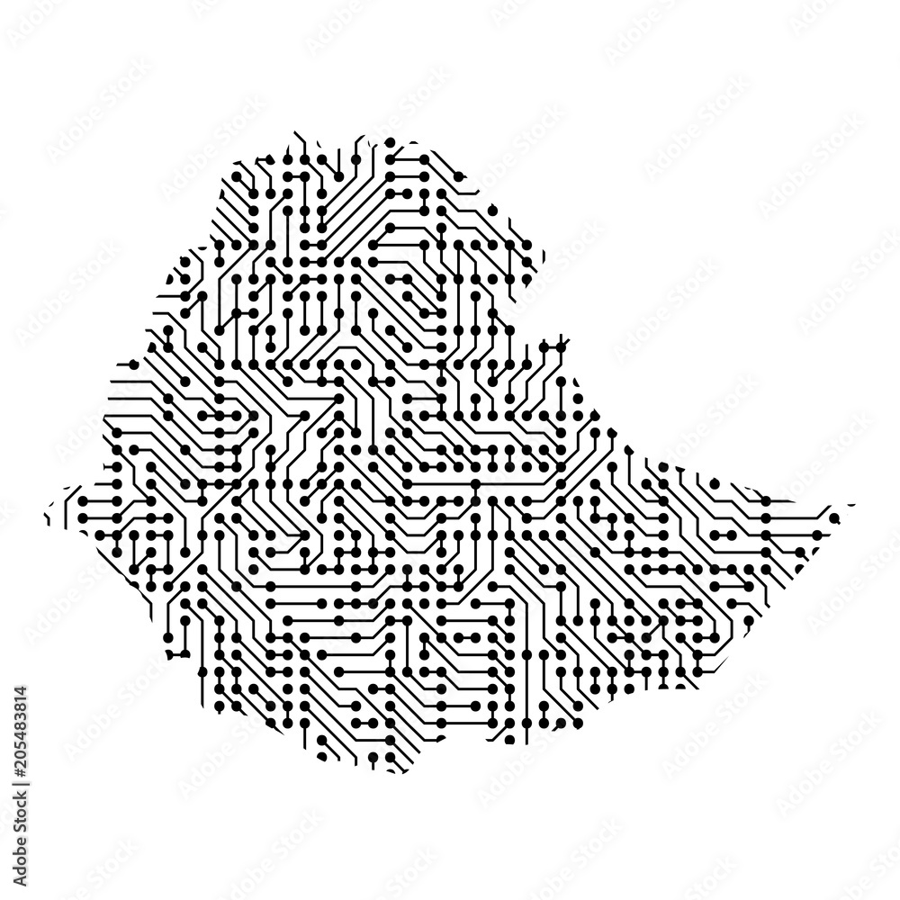 Poster abstract schematic map of ethiopia from the black printed board, chip and radio component. computer 