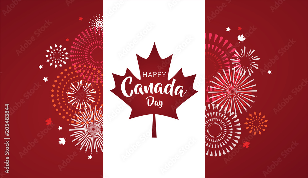 Wall mural Maple leaf with firework poster for celebrate the national day of Canada. Happy Canada Day card. Canada flag, fireworks, red maple leaf.