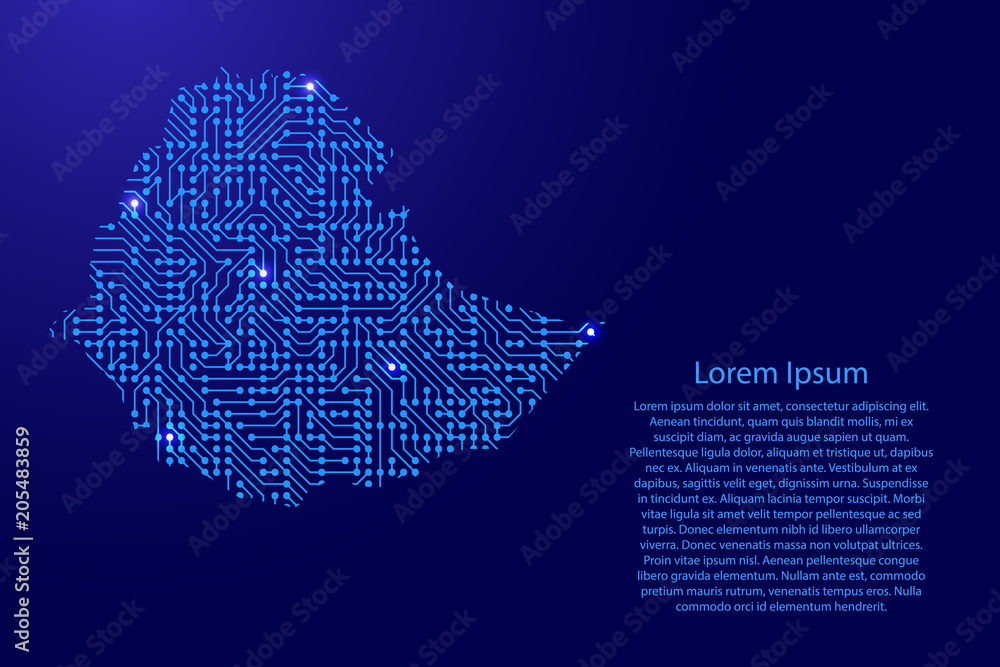 Fototapete map ethiopia from printed board, chip and radio component with blue star space on the contour for ba
