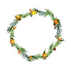 New Year, Christmas, festive, spruce, coniferous wreath. Decoration for the holiday. Garland of twigs, toys, mandarins and cookies. Watercolor. Illustration