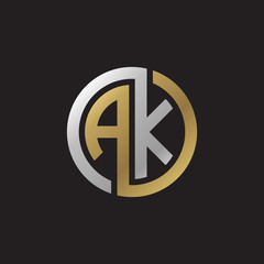 Initial letter AK, looping line, circle shape logo, silver gold color on black background