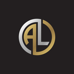 Initial letter AL, looping line, circle shape logo, silver gold color on black background - obrazy, fototapety, plakaty