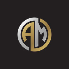 Initial letter AM, looping line, circle shape logo, silver gold color on black background