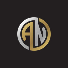 Initial letter AN, looping line, circle shape logo, silver gold color on black background