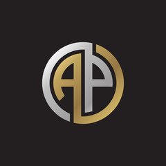 Initial letter AP, looping line, circle shape logo, silver gold color on black background