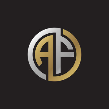 Initial letter AF, looping line, circle shape logo, silver gold color on black background