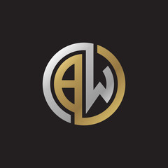 Initial letter BW, looping line, circle shape logo, silver gold color on black background
