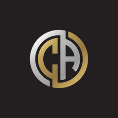 Initial letter CA, looping line, circle shape logo, silver gold color on black background