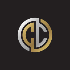 Initial letter CC, looping line, circle shape logo, silver gold color on black background