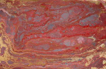 Marble abstract acrylic background. Pink and blue marbling artwork texture. Agate ripple pattern. Gold powder.