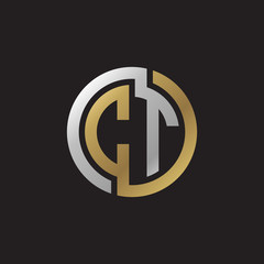 Initial letter CT, looping line, circle shape logo, silver gold color on black background
