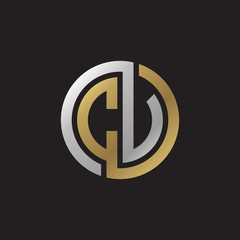 Initial letter CV, CU, looping line, circle shape logo, silver gold color on black background