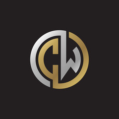 Initial letter CW, looping line, circle shape logo, silver gold color on black background