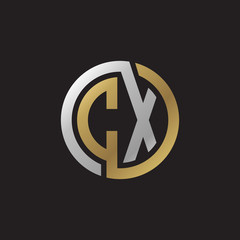 Initial letter CX, looping line, circle shape logo, silver gold color on black background