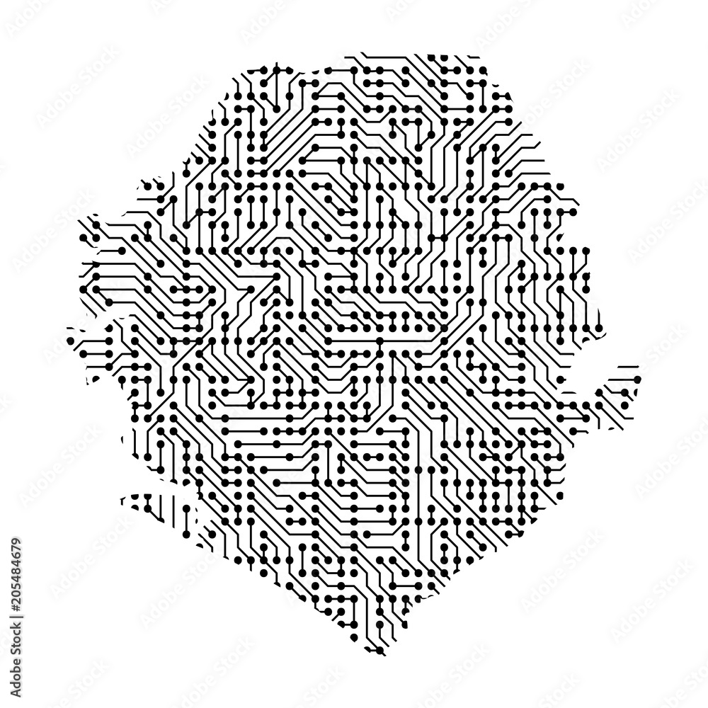 Poster abstract schematic map of sierra leone from the black printed board, chip and radio component. compu
