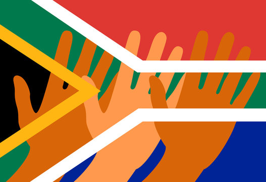 Nelson Mandela International Day. 18 July. Flag of the Republic of South Africa. Raised Hands