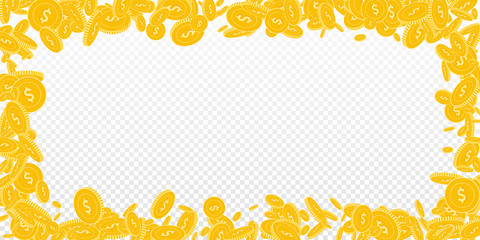American dollar coins falling. Scattered floating USD coins on transparent background. Remarkable wide scattered frame vector illustration. Jackpot or success concept.