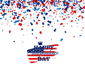 Happy Independence Day vector poster with USA flag, crown on brush stroke and scatter papers in national American colors - red, white, blue. All isolated and layered