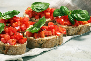 fresh tomato bruschetta. italian food appetizer with basil