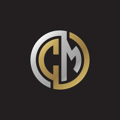 Initial letter CM, looping line, circle shape logo, silver gold color on black background