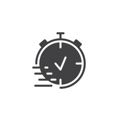 Stopwatch with check mark vector icon. filled flat sign for mobile concept and web design. Clock simple solid icon. Speed symbol, logo illustration. Vector graphics
