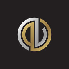 Fototapeta premium Initial letter DU, OU, DV, OV, looping line, circle shape logo, silver gold color on black background