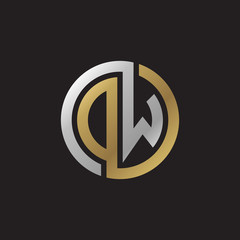 Initial letter DW, OW, looping line, circle shape logo, silver gold color on black background