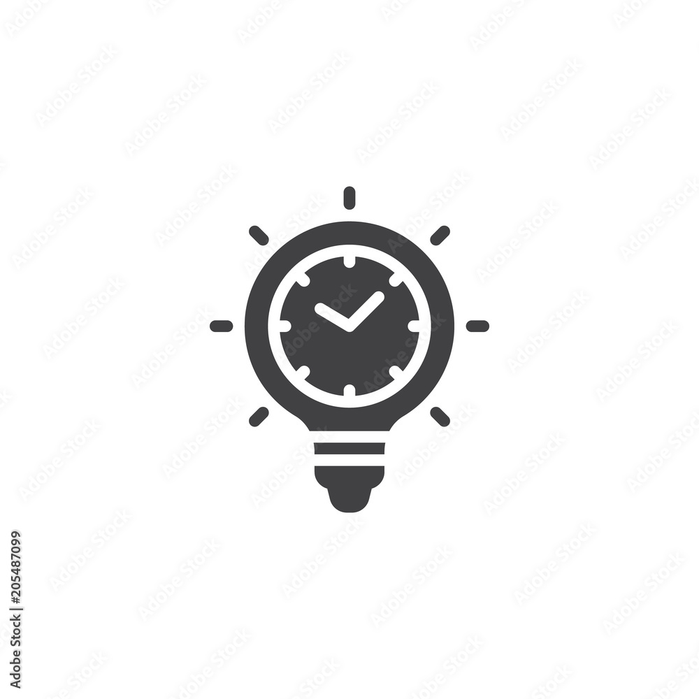 Poster time light bulb vector icon. filled flat sign for mobile concept and web design. clock in lamp simpl