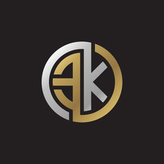 Initial letter EK, looping line, circle shape logo, silver gold color on black background