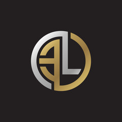 Initial letter EL, looping line, circle shape logo, silver gold color on black background