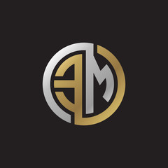 Initial letter EM, looping line, circle shape logo, silver gold color on black background