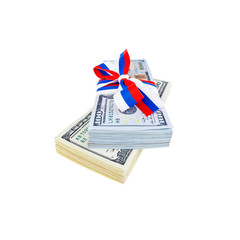 Stacks of american dollars with russian flag ribbon isolated on white background