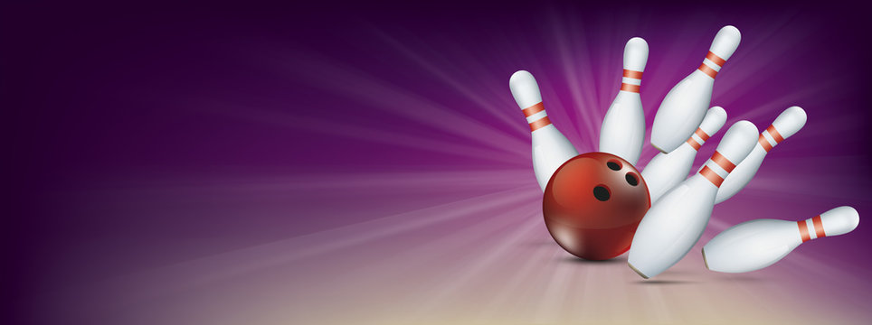 Purple Bowling Pin Deck Red Ball Strike Banner Pins