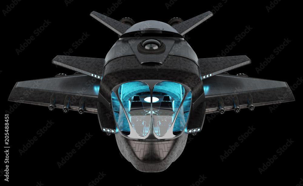 Poster futuristic spacecraft isolated on black background 3d rendering