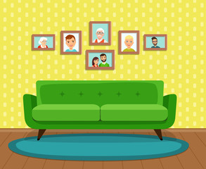 Cozy interior of the living room. Photos above the couch. Vector flat style illustration