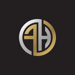 Initial letter FH, looping line, circle shape logo, silver gold color on black background