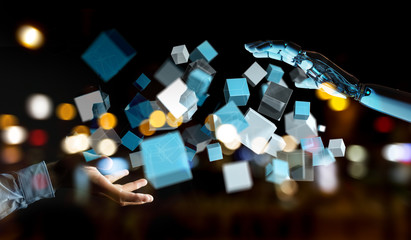 White cyborg hand using blue digital cube structure 3D rendering