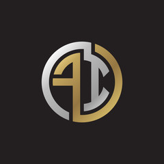 Initial letter FI, looping line, circle shape logo, silver gold color on black background