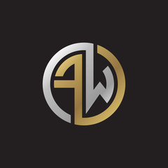 Initial letter FW, looping line, circle shape logo, silver gold color on black background