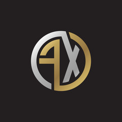 Initial letter FX, looping line, circle shape logo, silver gold color on black background
