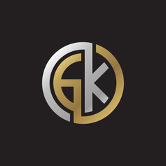 Initial letter GK, looping line, circle shape logo, silver gold color on black background