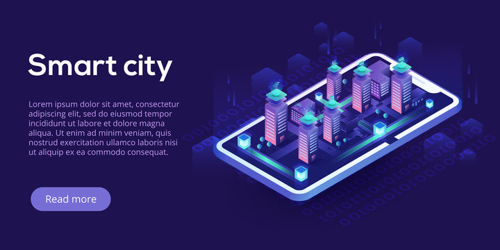 Smart city or intelligent building isometric vector concept. Building automation with computer networking illustration. Management system or BAS thematical background. IoT platform future technology.