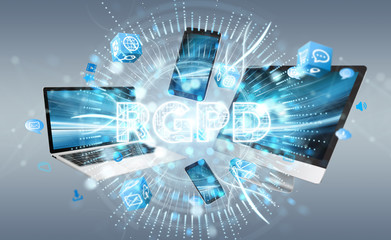 Digital GDPR interface over tech devices 3D rendering