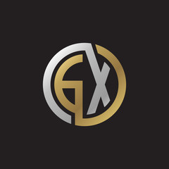 Initial letter GX, looping line, circle shape logo, silver gold color on black background